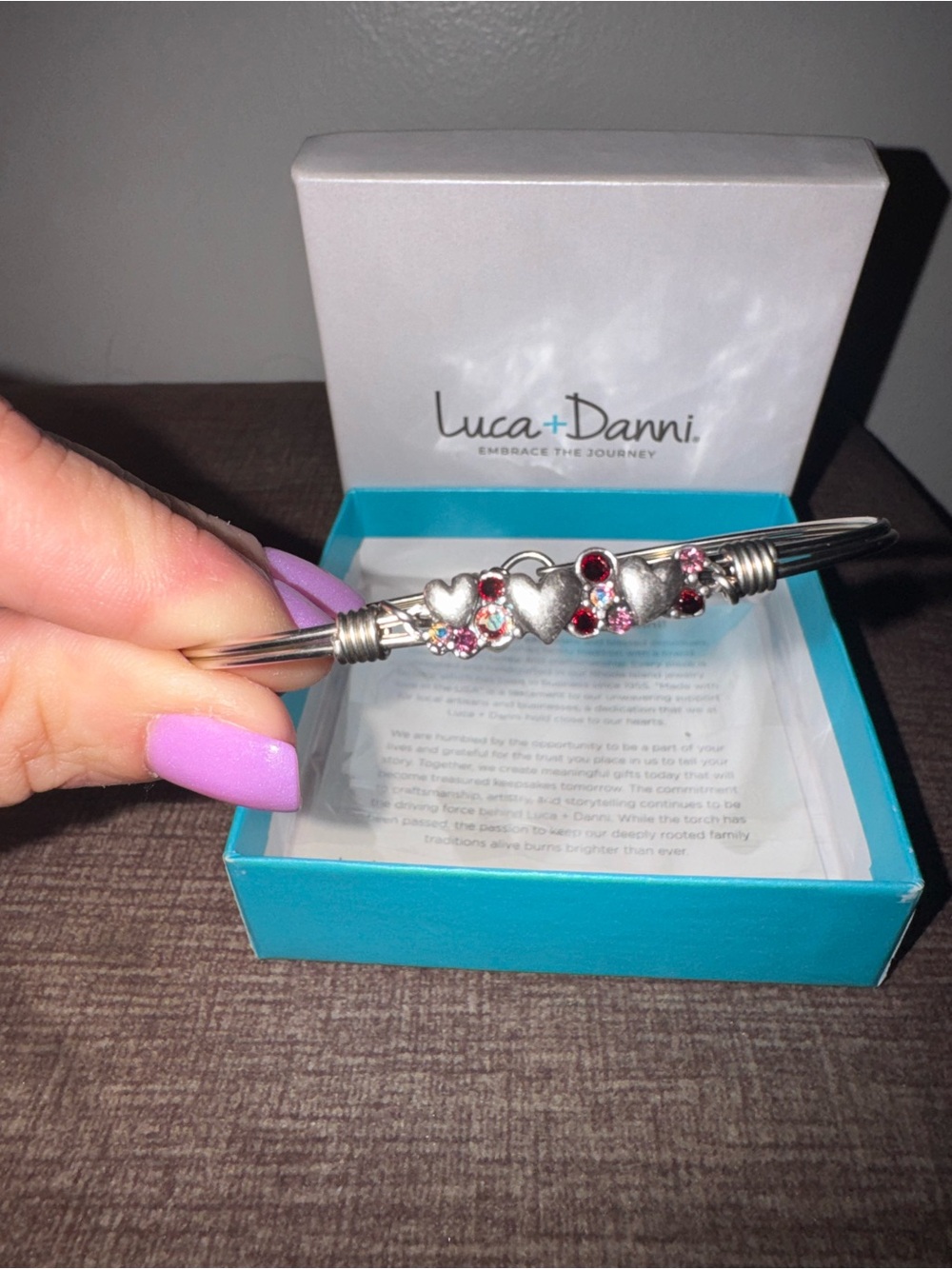 Luca + Danni Silver Heart Bangle with Pink and Red Crystal Accents